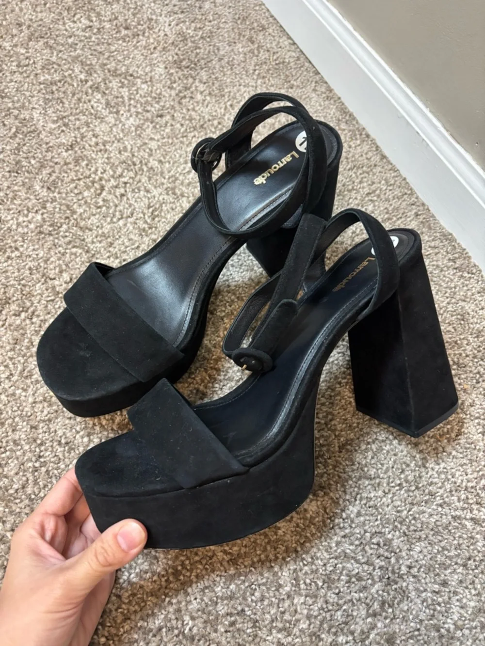 Larroude Dolly Sandal Black Suede Platform Ankle Strap Block Heel